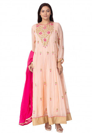 Gota Patti Georgette Abaya Style Suit in Light Peach