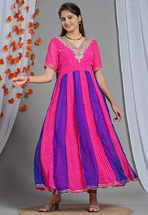 Gota Patti Georgette Anarkali Kurta in Fuchsia and Royal Blue