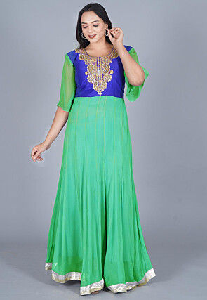 Gota Patti Georgette Anarkali Kurta in Sea Green and Blue