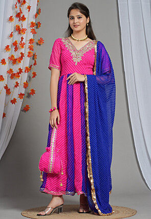 Gota Patti Georgette Anarkali Suit in Fuchsia and Royal Blue