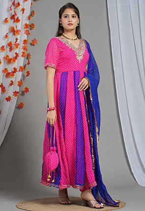 Gota Patti Georgette Anarkali Suit in Fuchsia and Royal Blue