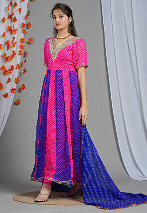 Gota Patti Georgette Anarkali Suit in Fuchsia and Royal Blue