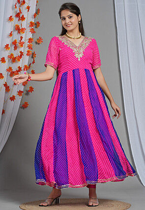 Gota Patti Georgette Anarkali Suit in Fuchsia and Royal Blue