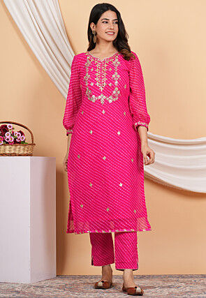 Gota Patti Georgette Straight Kurta Set in Pink