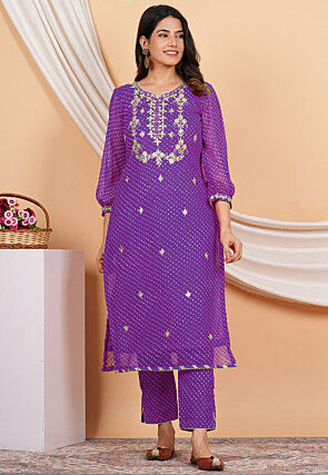 Gota Patti Georgette Straight Kurta Set in Purple