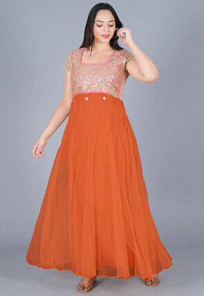 Gota Patti Net Anarkali Kurta in Orange and Pink