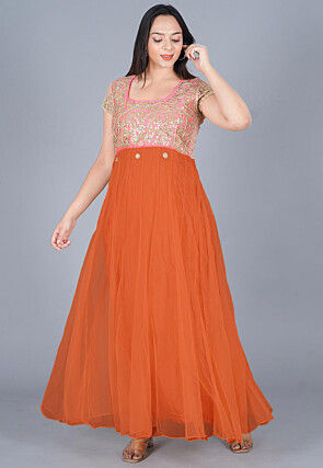 Gota Patti Net Anarkali Kurta Set in Orange and Pink
