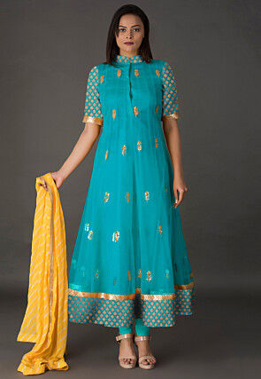 Gota Patti Net Anarkali Suit in Teal Blue