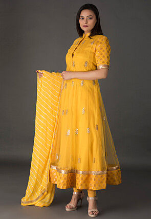 Gota Patti Net Anarkali Suit in Mustard