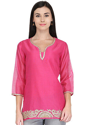 Gota Patti Pure Chanderi Kurti in Pink