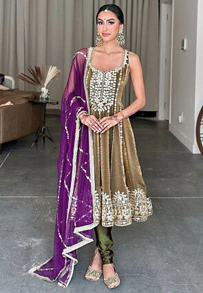 Gota Patti Tissue Shimmer Anarkali Suit in Brown