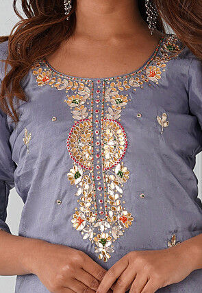 Gota Patti Uppada Silk Straight Kurta in Grey