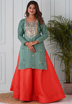 Gota Patti Uppada Silk Straight Kurta Set in Dusty Green