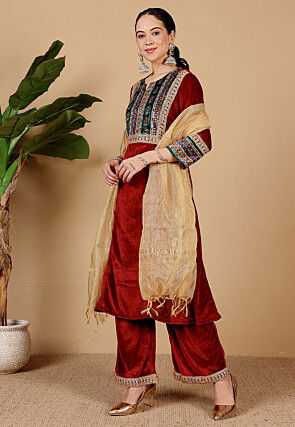 Gota Patti Velvet Pakistani Suit in Maroon