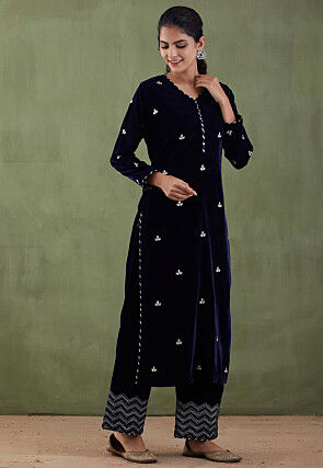 Gota Patti Velvet Straight Kurta Set in Navy Blue