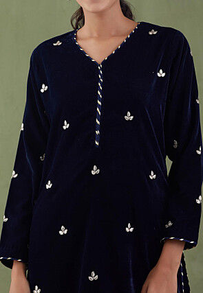Gota Patti Velvet Straight Kurta Set in Navy Blue
