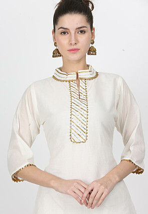 Gota Work Chanderi Cotton Pakistani Suit in Off White