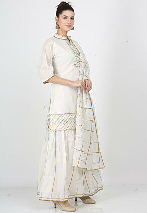 Gota Work Chanderi Cotton Pakistani Suit in Off White