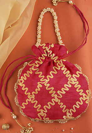 Gota Work Art Silk Two Tone Potli Bag in Magenta