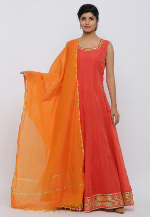 Gota Work Chanderi Cotton Abaya Style Suit in Coral Red