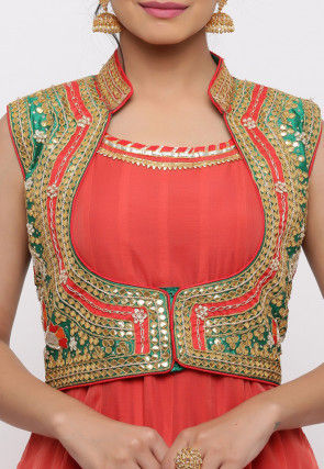 Gota Work Chanderi Cotton Kurta Jacket Set in Coral Red