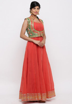 Gota Work Chanderi Cotton Kurta Jacket Set in Coral Red