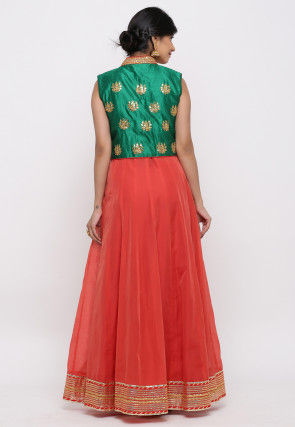 Gota Work Chanderi Cotton Kurta Jacket Set in Coral Red