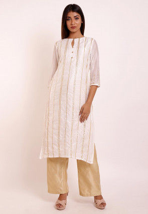 Gota Work Chanderi Silk Kurta Set in Off White
