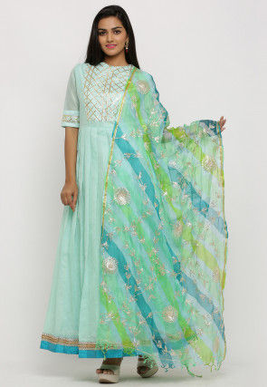 Gota Work Chanderi Silk Pleated Abaya Style Suit in Green