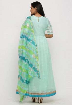 Gota Work Chanderi Silk Pleated Abaya Style Suit in Green