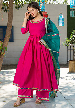 Gota Lace Work Pure Cotton Pakistani Suit in Fuchsia