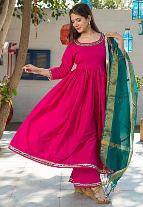 Gota Lace Work Pure Cotton Pakistani Suit in Fuchsia