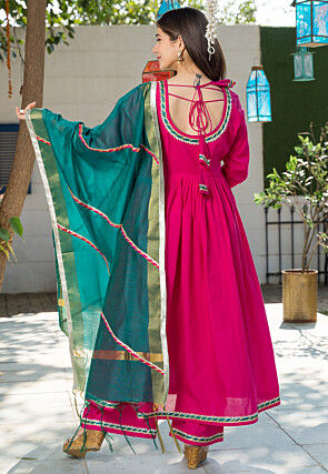Gota Lace Work Pure Cotton Pakistani Suit in Fuchsia
