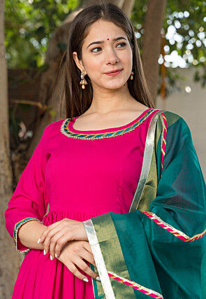 Gota Lace Work Pure Cotton Pakistani Suit in Fuchsia