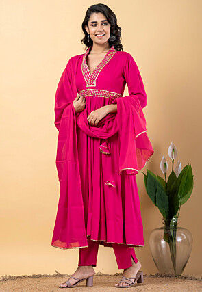 Gota work Pure Rayon Anarkali Suit in Fuchsia