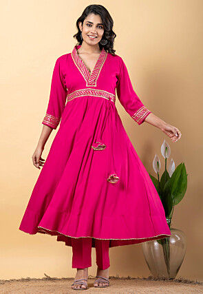 Gota work Pure Rayon Anarkali Suit in Fuchsia