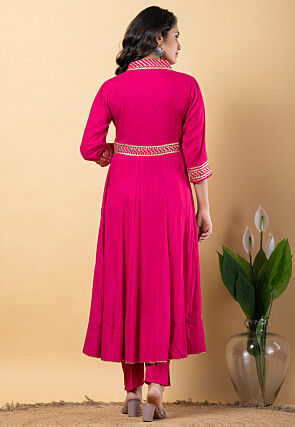 Gota work Pure Rayon Anarkali Suit in Fuchsia