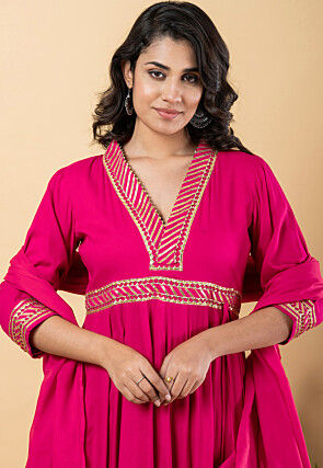 Gota work Pure Rayon Anarkali Suit in Fuchsia