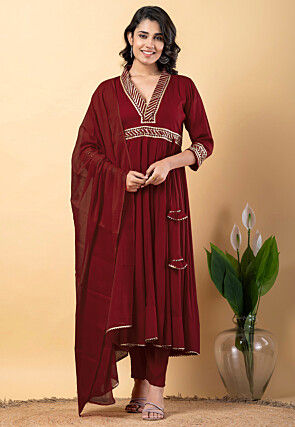 Gota work Pure Rayon Anarkali Suit in Maroon