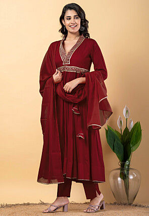 Gota work Pure Rayon Anarkali Suit in Maroon