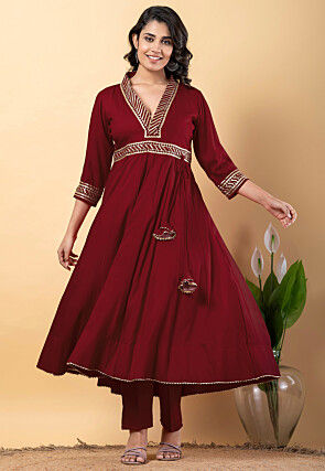 Gota work Pure Rayon Anarkali Suit in Maroon