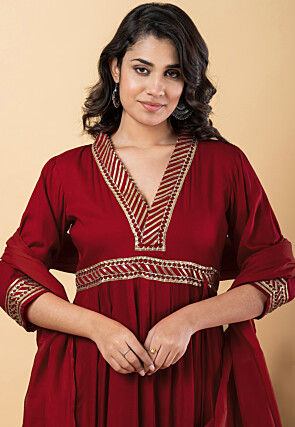 Gota work Pure Rayon Anarkali Suit in Maroon