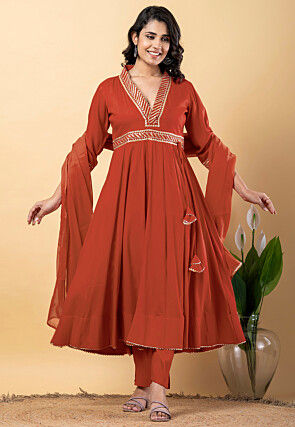 Gota work Pure Rayon Anarkali Suit in Rust