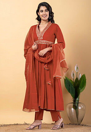 Gota work Pure Rayon Anarkali Suit in Rust