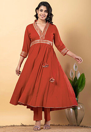Gota work Pure Rayon Anarkali Suit in Rust
