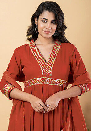 Gota work Pure Rayon Anarkali Suit in Rust