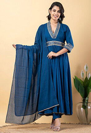 Gota work Pure Rayon Anarkali Suit in Teal Blue