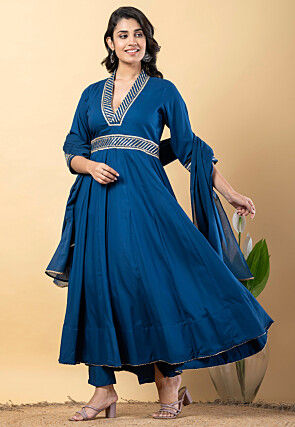 Gota work Pure Rayon Anarkali Suit in Teal Blue