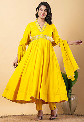 Gota work Pure Rayon Anarkali Suit in Yellow