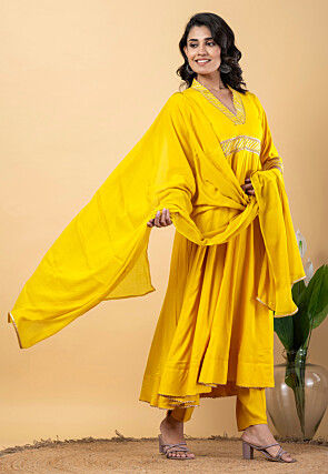 Gota work Pure Rayon Anarkali Suit in Yellow